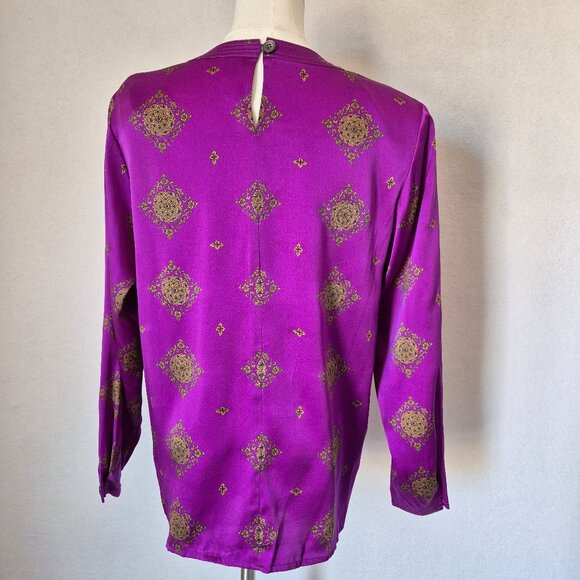 Vintage'90s Talbots 100% Silk Satin Purple Gold Damask Blouse Long Sleeve - Picture 6 of 10